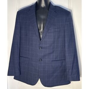 Jos A Bank Navy Blue/ Black Plaid Blazer Sz 40S Tailored Fit Windowpane